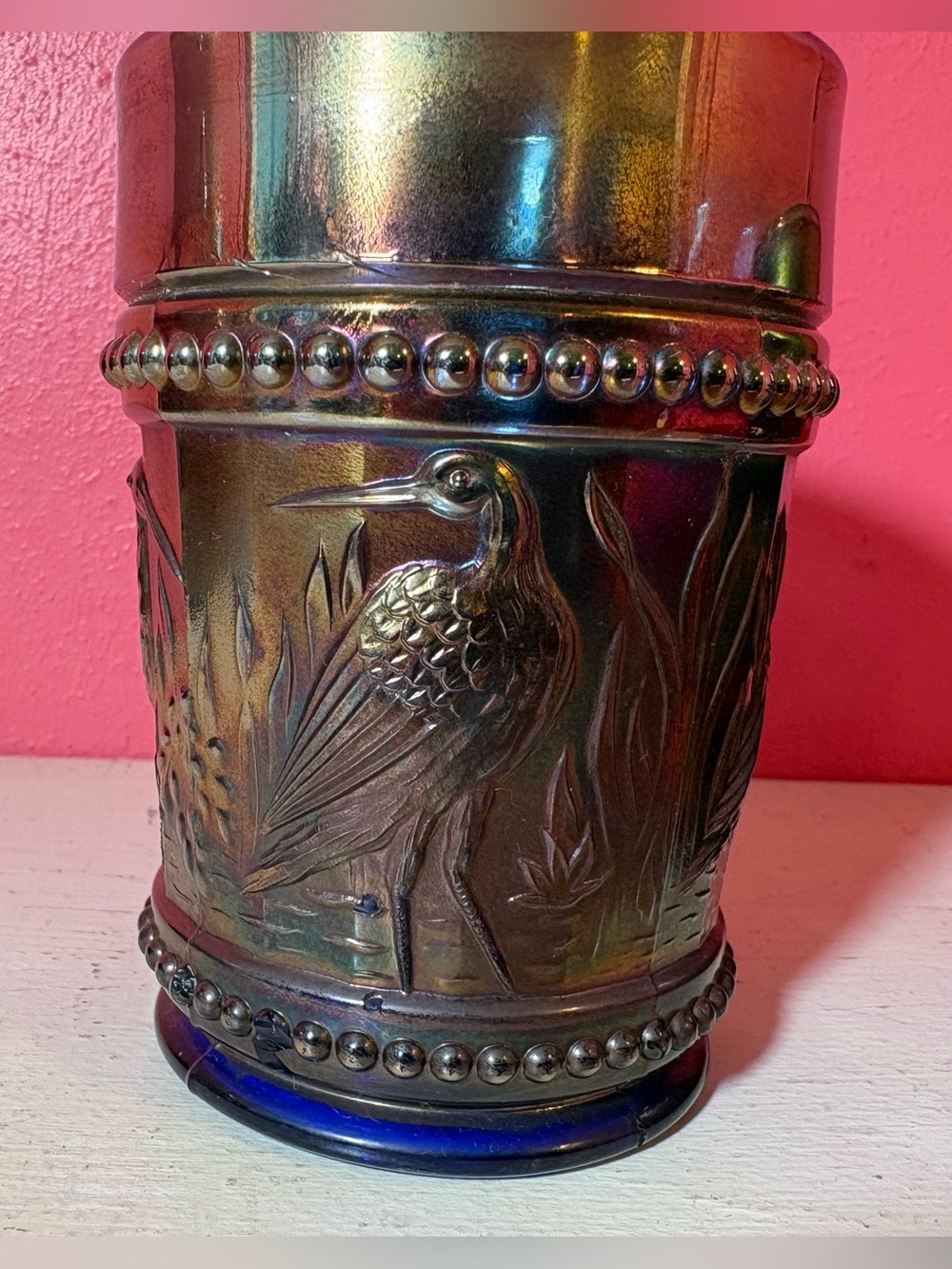 Vintage Dugan Iridescent Stork & Rushes Carnival Glass Cups EUC Blue Rainbow Fun